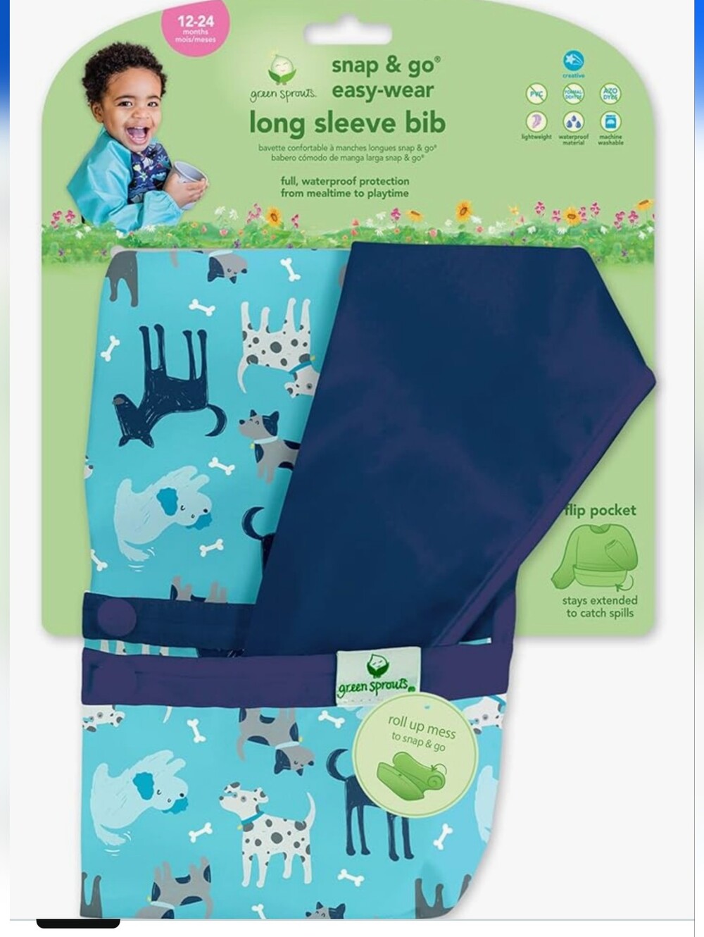 Green Sprouts Snap + Go® Easy-wear Kids Long Sleeve Bib-Blue Dog Print & Navy